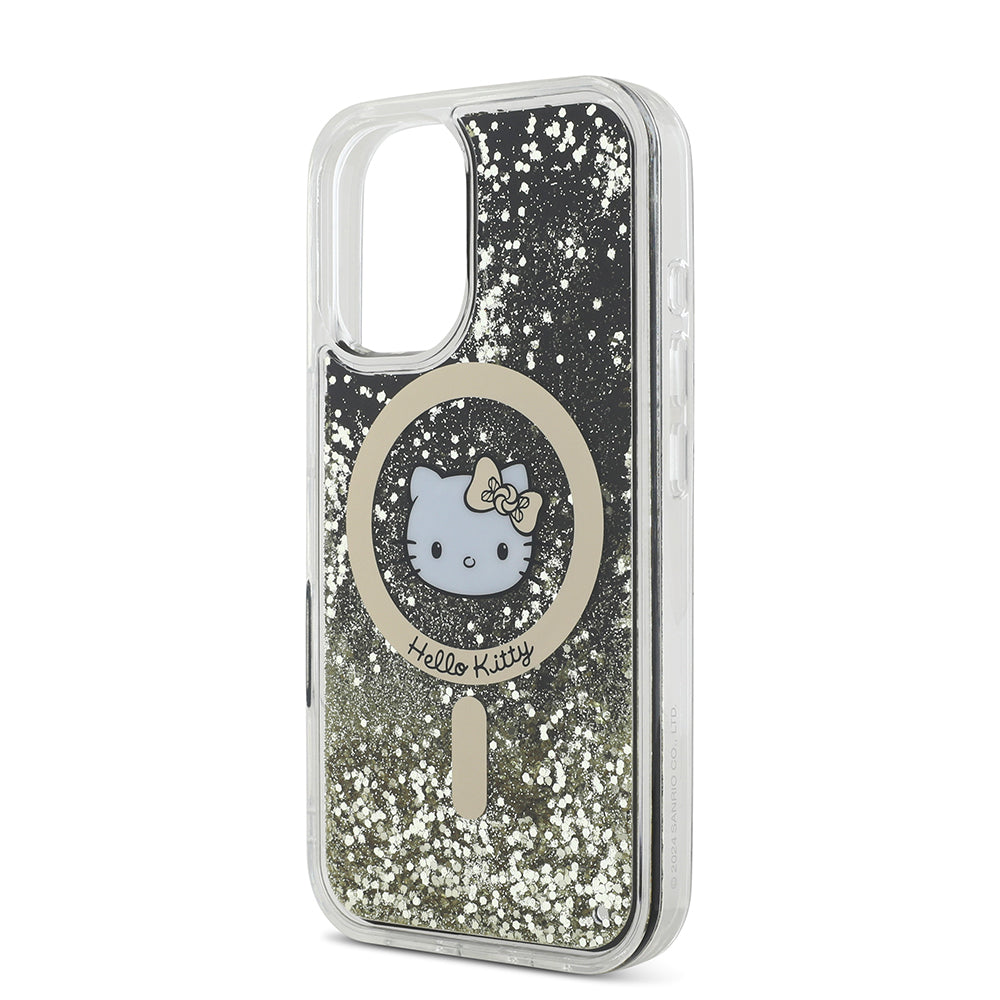 iPhone 16 Kılıf Hello Kitty Orjinal Lisanslı M-safe Şarj Özellikli IML Baskı Kitty Head Logolu Sıvılı Simli Altın Ateşi Kapak