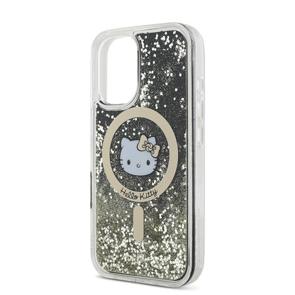 iPhone 16 Kılıf Hello Kitty Orjinal Lisanslı M-safe Şarj Özellikli IML Baskı Kitty Head Logolu Sıvılı Simli Altın Ateşi Kapak