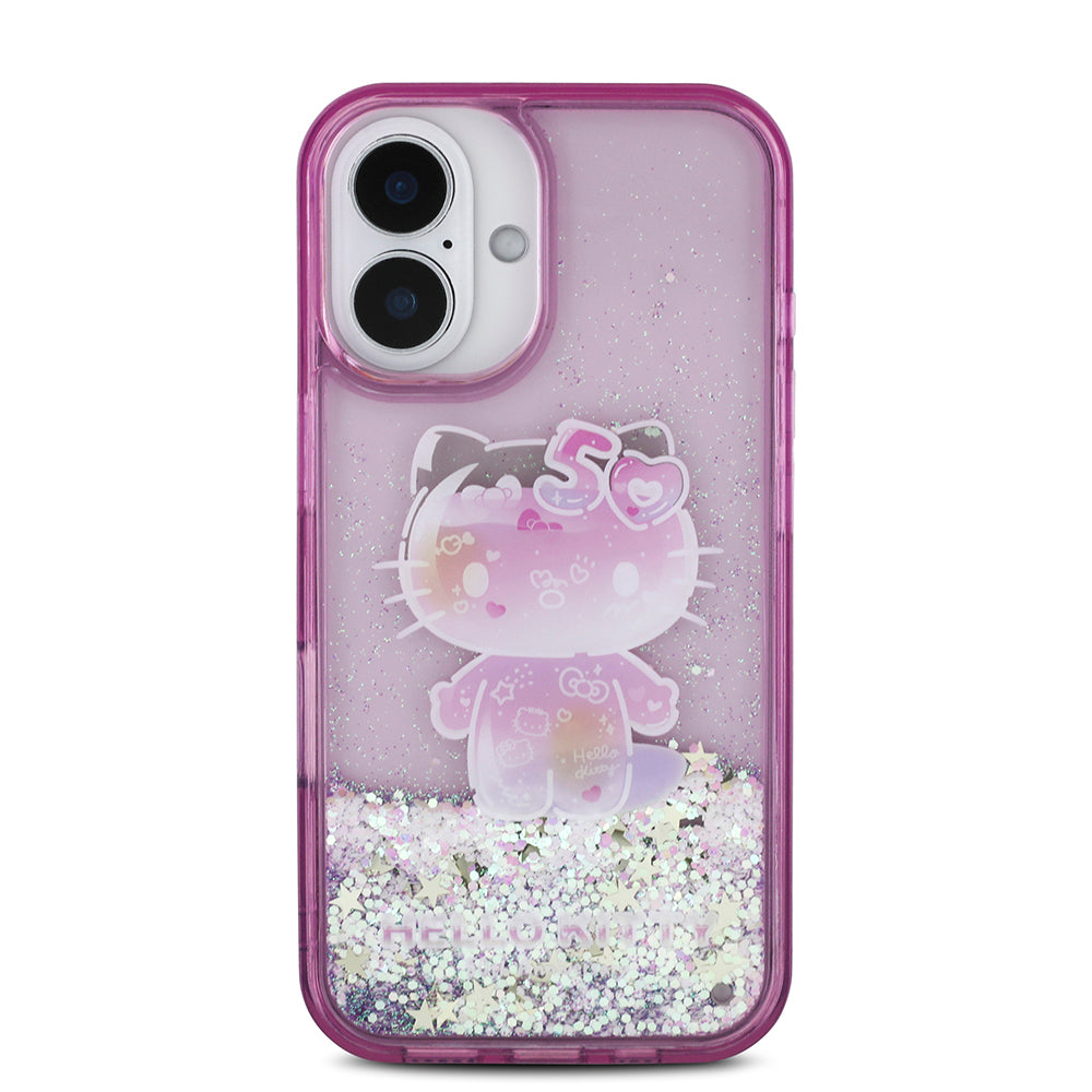 iPhone 16 Kılıf Hello Kitty Orjinal Lisanslı Sıvılı Simli 50. Yıldönümü Partisi Kapak