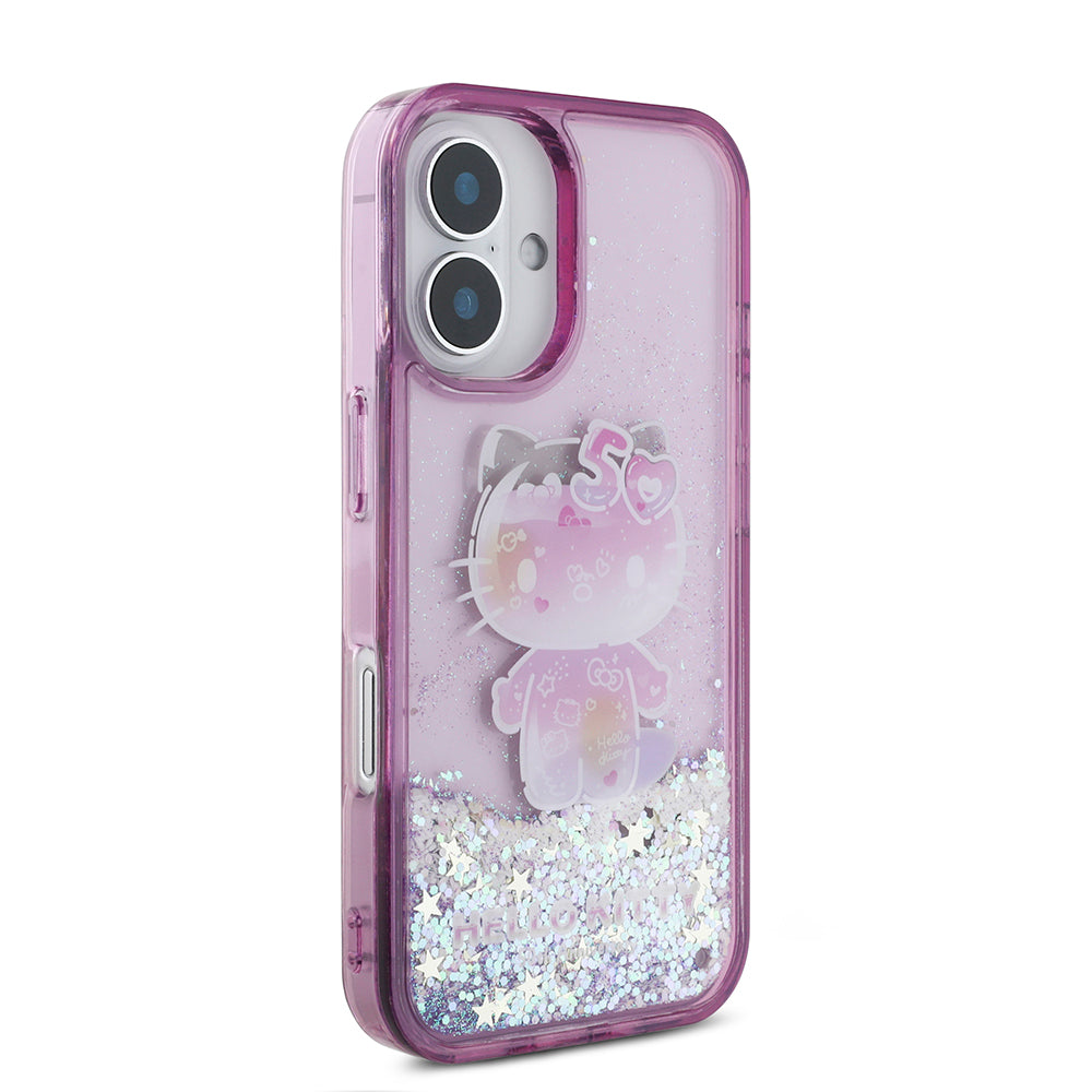 iPhone 16 Kılıf Hello Kitty Orjinal Lisanslı Sıvılı Simli 50. Yıldönümü Partisi Kapak