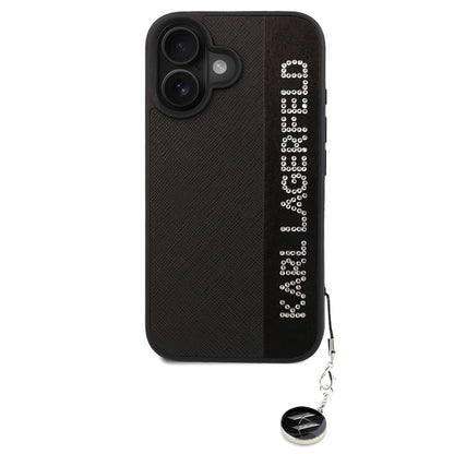 iPhone 16 Kılıf Karl Lagerfeld Orjinal Lisanslı Anahtarlıklı Taşlı KL Yazılı Saffiano Rhinestones Kapak