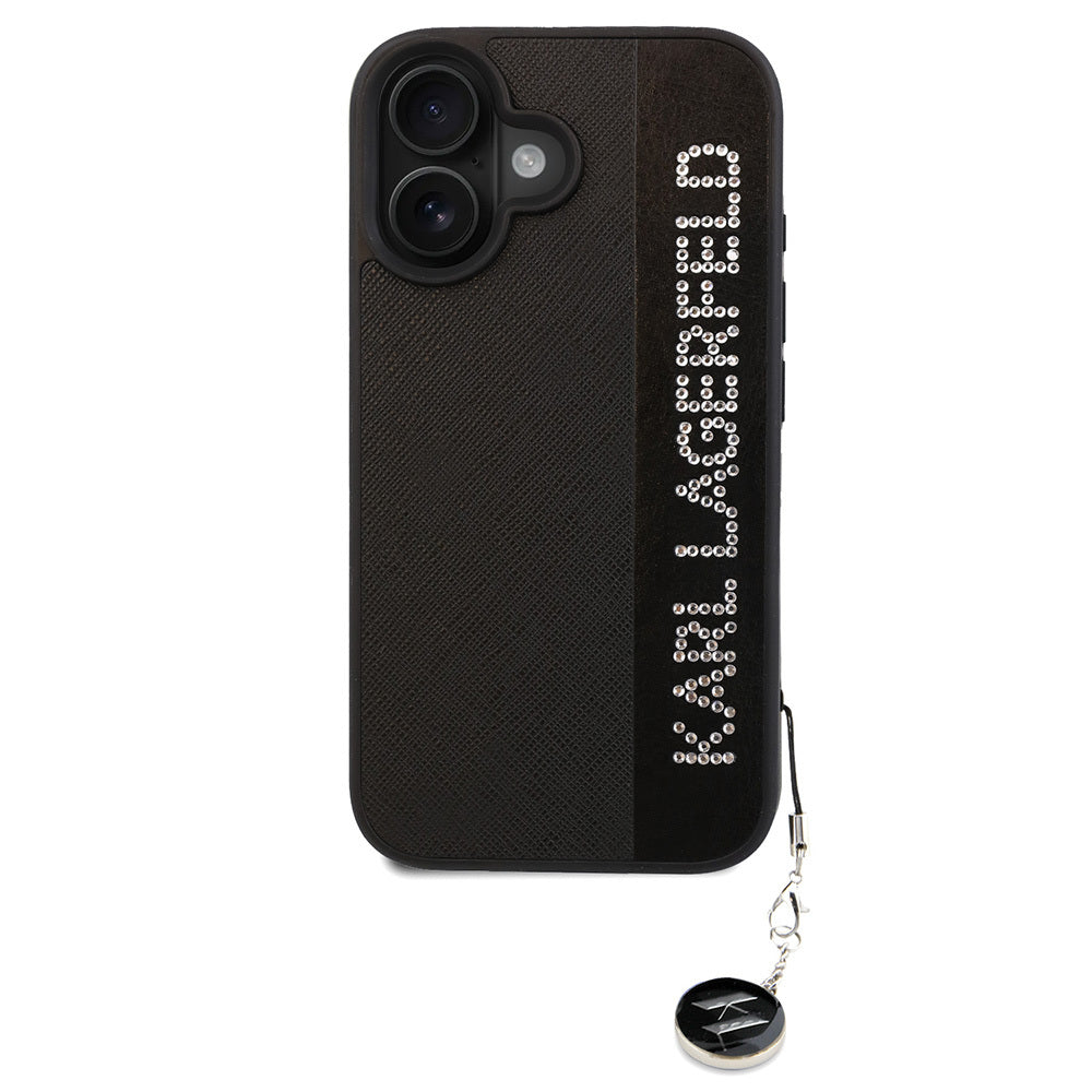 iPhone 16 Kılıf Karl Lagerfeld Orjinal Lisanslı Anahtarlıklı Taşlı KL Yazılı Saffiano Rhinestones Kapak