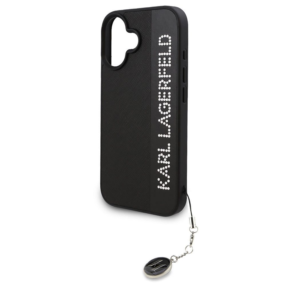 iPhone 16 Kılıf Karl Lagerfeld Orjinal Lisanslı Anahtarlıklı Taşlı KL Yazılı Saffiano Rhinestones Kapak