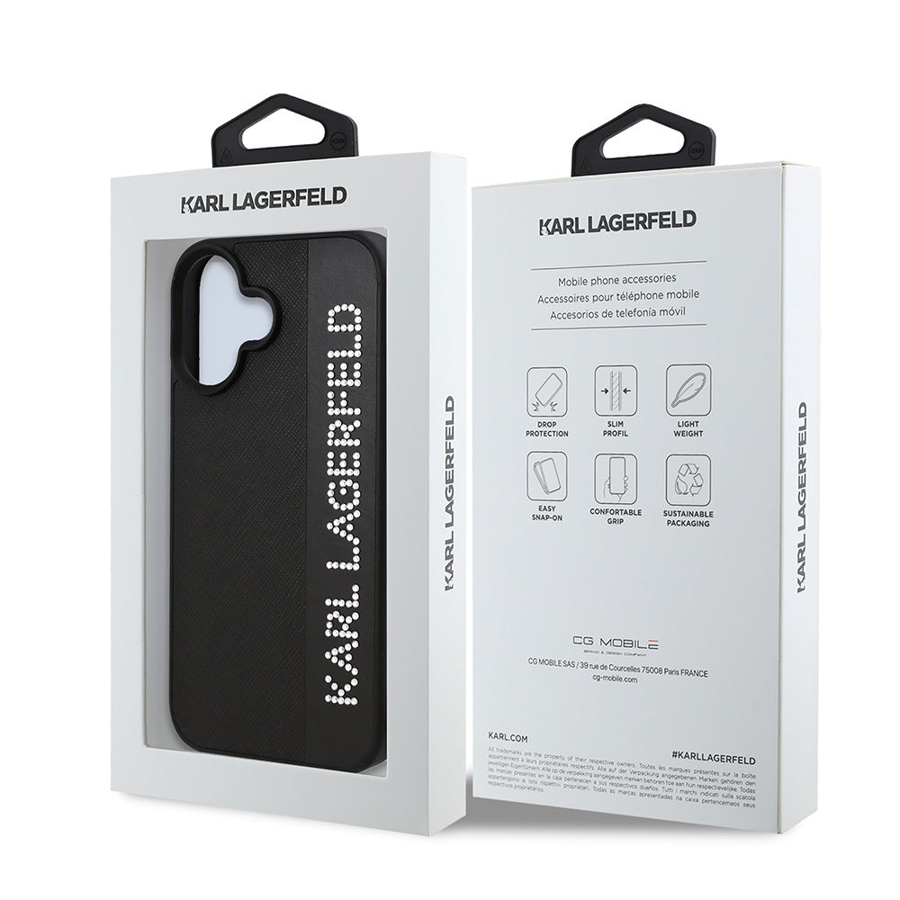iPhone 16 Kılıf Karl Lagerfeld Orjinal Lisanslı Anahtarlıklı Taşlı KL Yazılı Saffiano Rhinestones Kapak