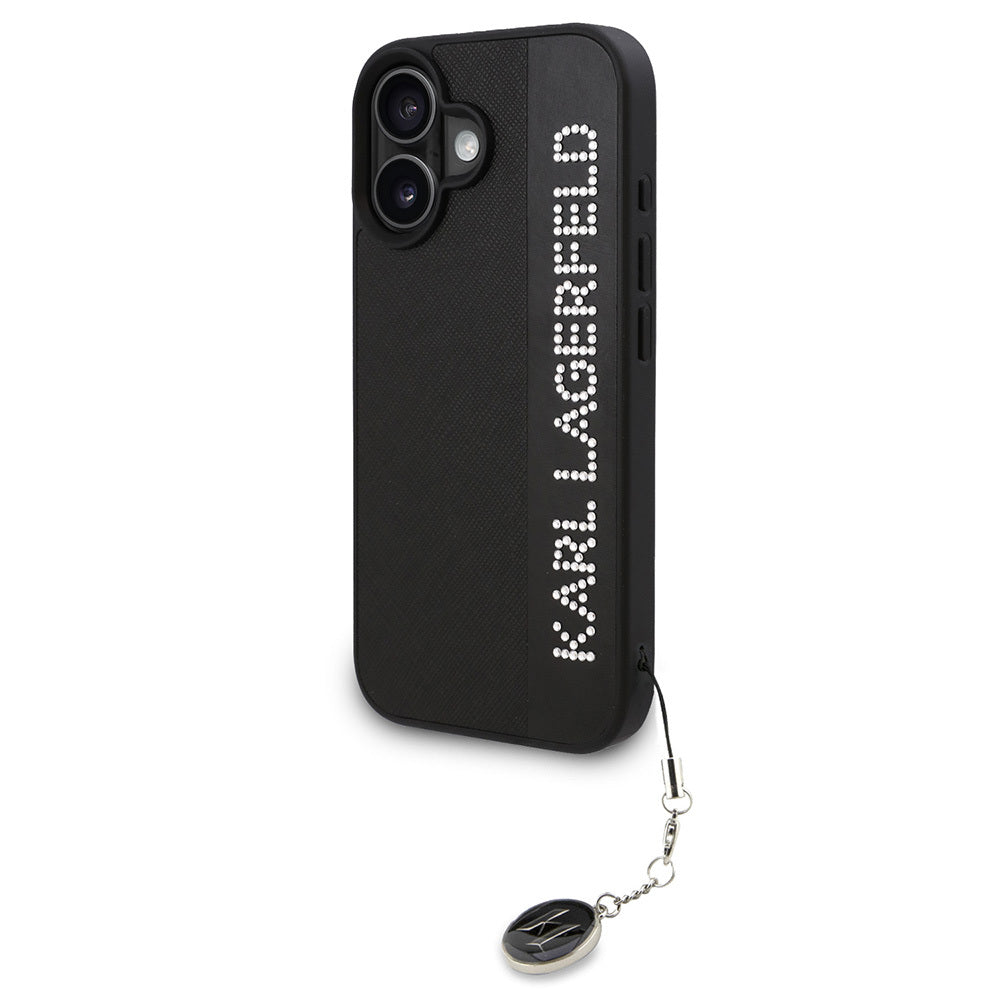 iPhone 16 Kılıf Karl Lagerfeld Orjinal Lisanslı Anahtarlıklı Taşlı KL Yazılı Saffiano Rhinestones Kapak