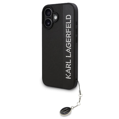 iPhone 16 Kılıf Karl Lagerfeld Orjinal Lisanslı Anahtarlıklı Taşlı KL Yazılı Saffiano Rhinestones Kapak