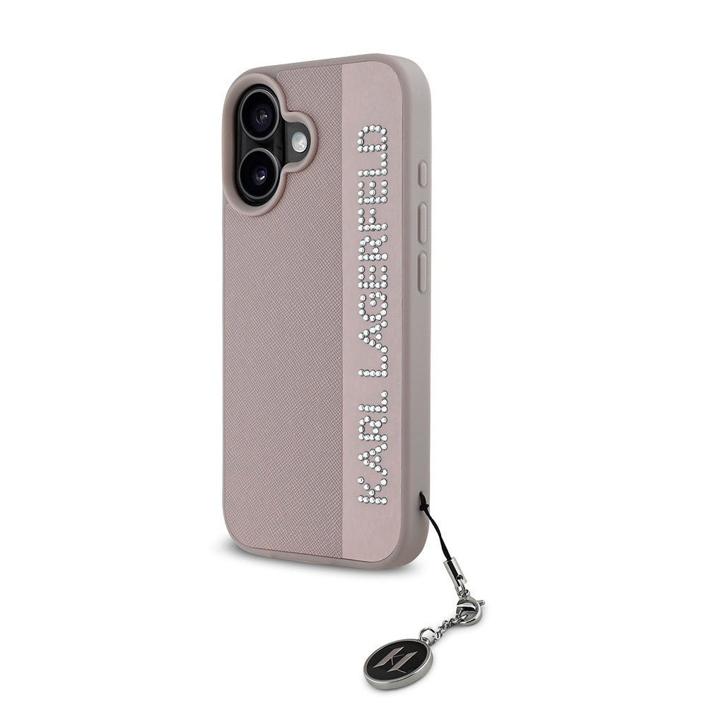 iPhone 16 Kılıf Karl Lagerfeld Orjinal Lisanslı Anahtarlıklı Taşlı KL Yazılı Saffiano Rhinestones Kapak