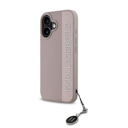 iPhone 16 Kılıf Karl Lagerfeld Orjinal Lisanslı Anahtarlıklı Taşlı KL Yazılı Saffiano Rhinestones Kapak