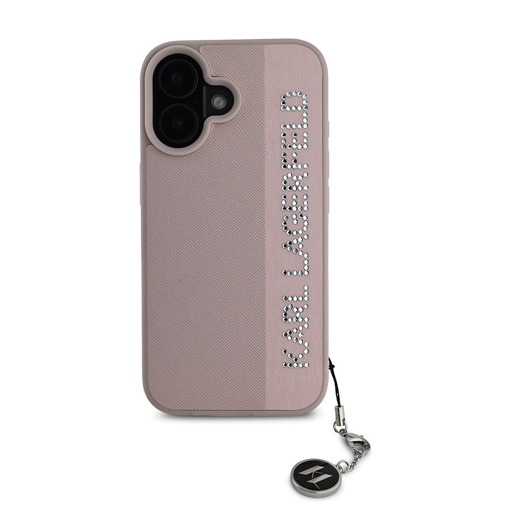 iPhone 16 Kılıf Karl Lagerfeld Orjinal Lisanslı Anahtarlıklı Taşlı KL Yazılı Saffiano Rhinestones Kapak