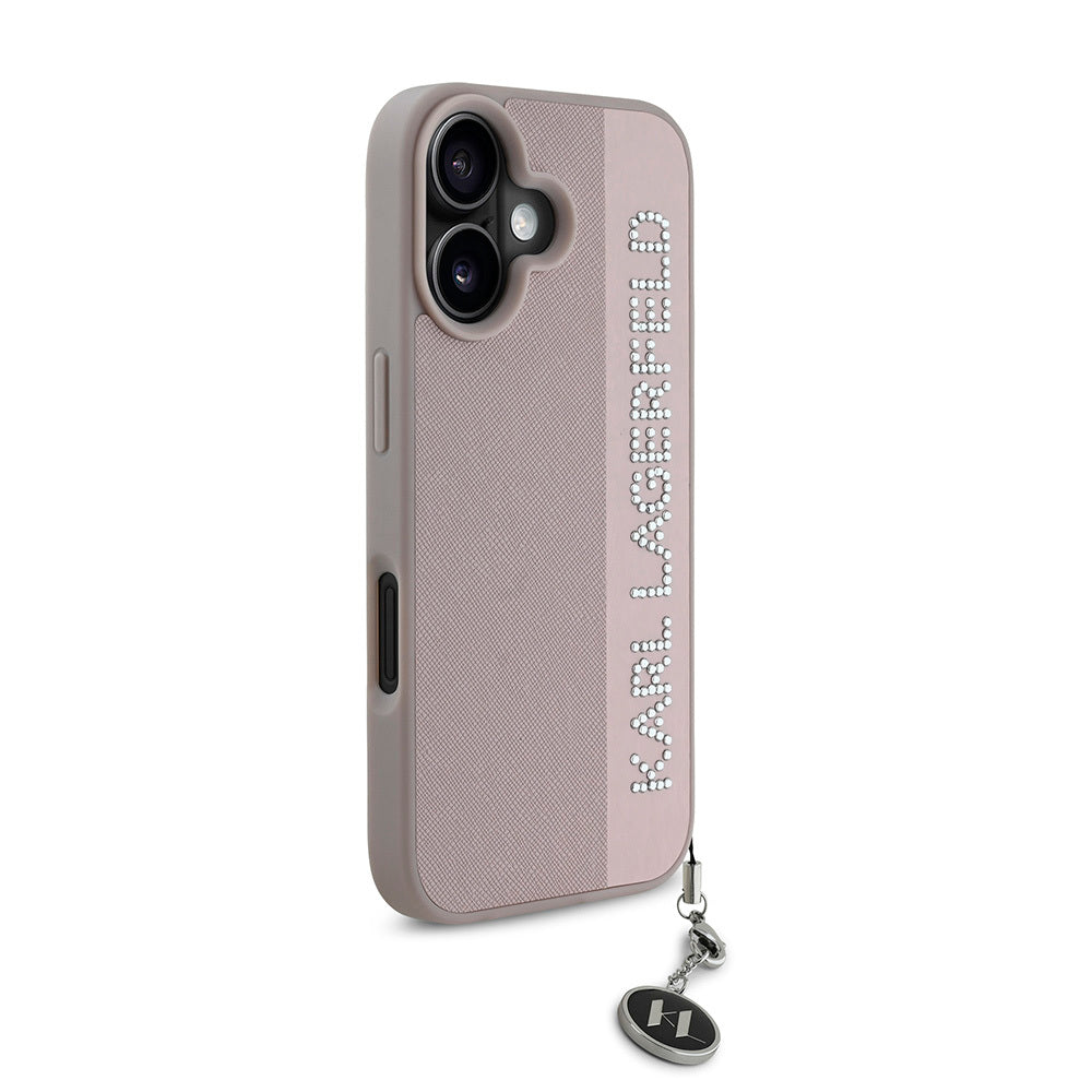 iPhone 16 Kılıf Karl Lagerfeld Orjinal Lisanslı Anahtarlıklı Taşlı KL Yazılı Saffiano Rhinestones Kapak