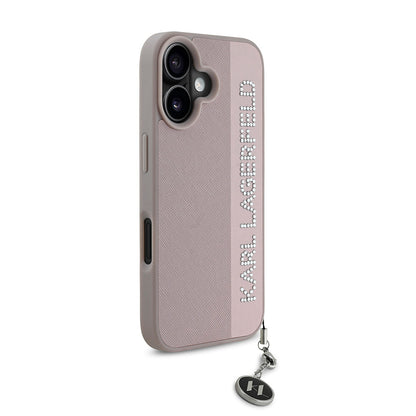iPhone 16 Kılıf Karl Lagerfeld Orjinal Lisanslı Anahtarlıklı Taşlı KL Yazılı Saffiano Rhinestones Kapak