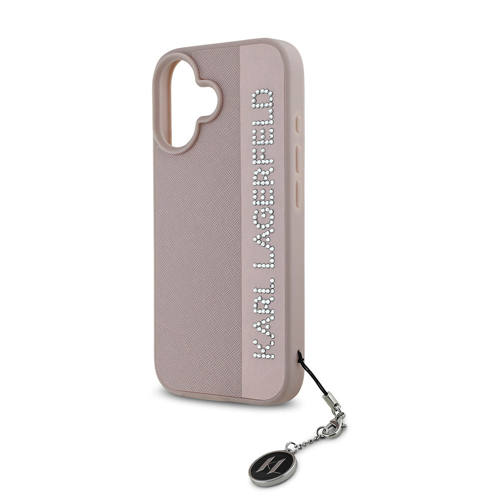 iPhone 16 Kılıf Karl Lagerfeld Orjinal Lisanslı Anahtarlıklı Taşlı KL Yazılı Saffiano Rhinestones Kapak