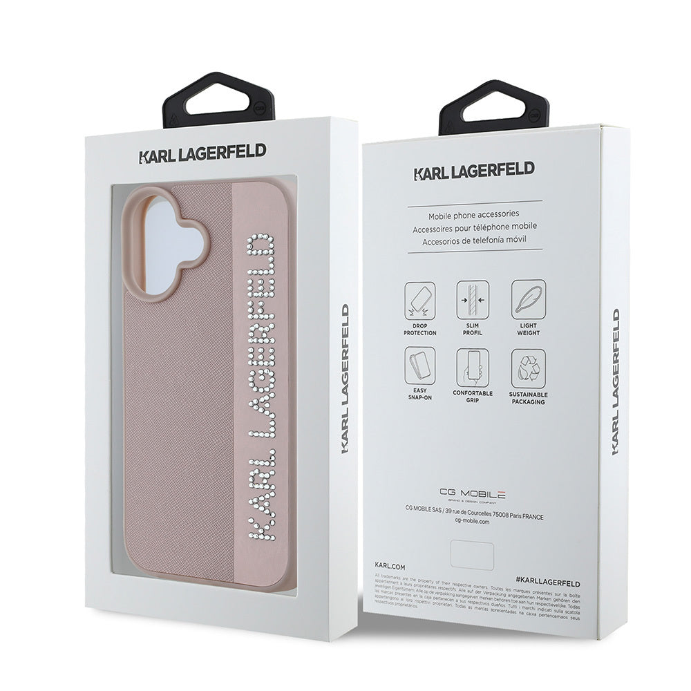 iPhone 16 Kılıf Karl Lagerfeld Orjinal Lisanslı Anahtarlıklı Taşlı KL Yazılı Saffiano Rhinestones Kapak