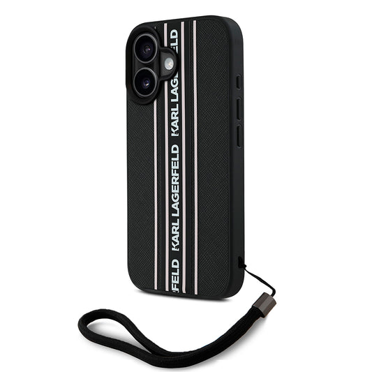 iPhone 16 Kılıf Karl Lagerfeld Orjinal Lisanslı Askılı Saffiano Athleisure Şerit Çizgili Kapak