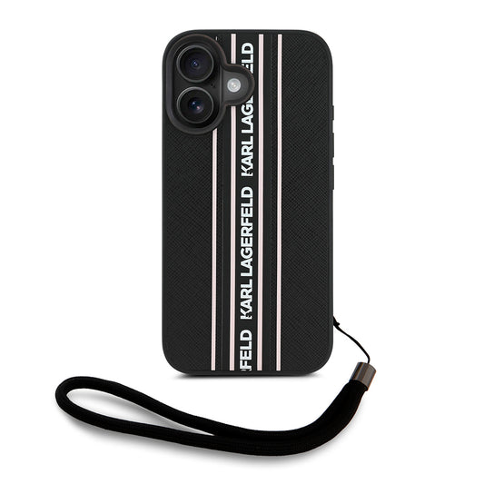 iPhone 16 Kılıf Karl Lagerfeld Orjinal Lisanslı Askılı Saffiano Athleisure Şerit Çizgili Kapak