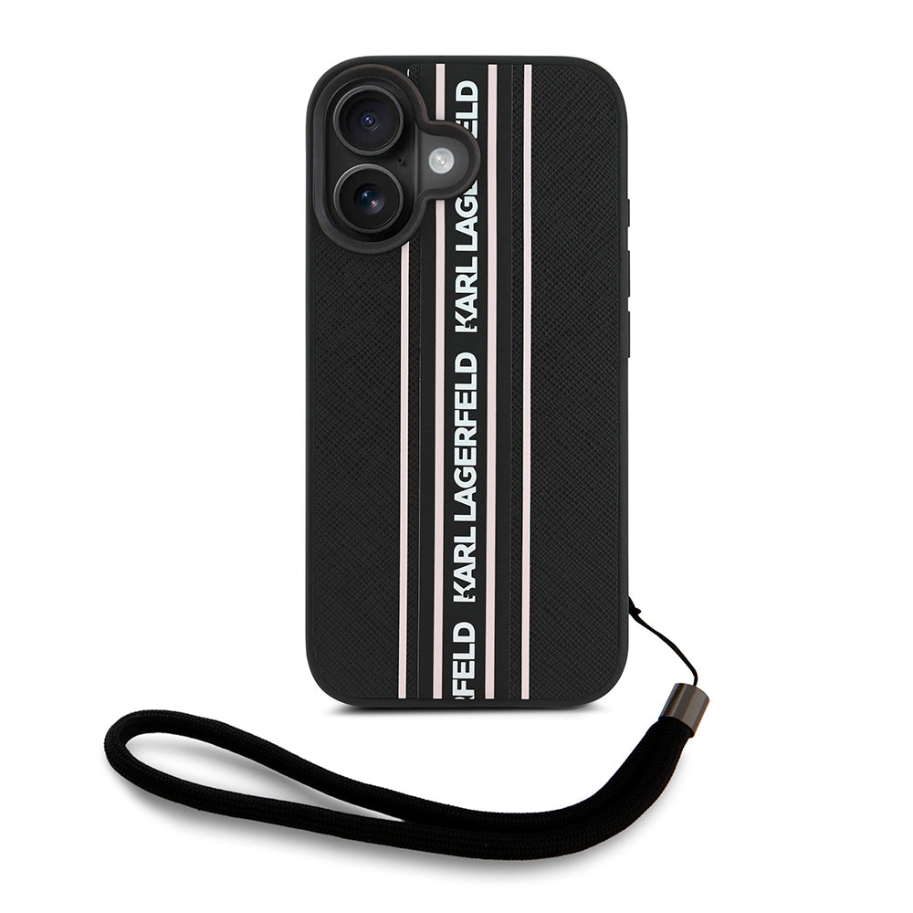 iPhone 16 Kılıf Karl Lagerfeld Orjinal Lisanslı Askılı Saffiano Athleisure Şerit Çizgili Kapak