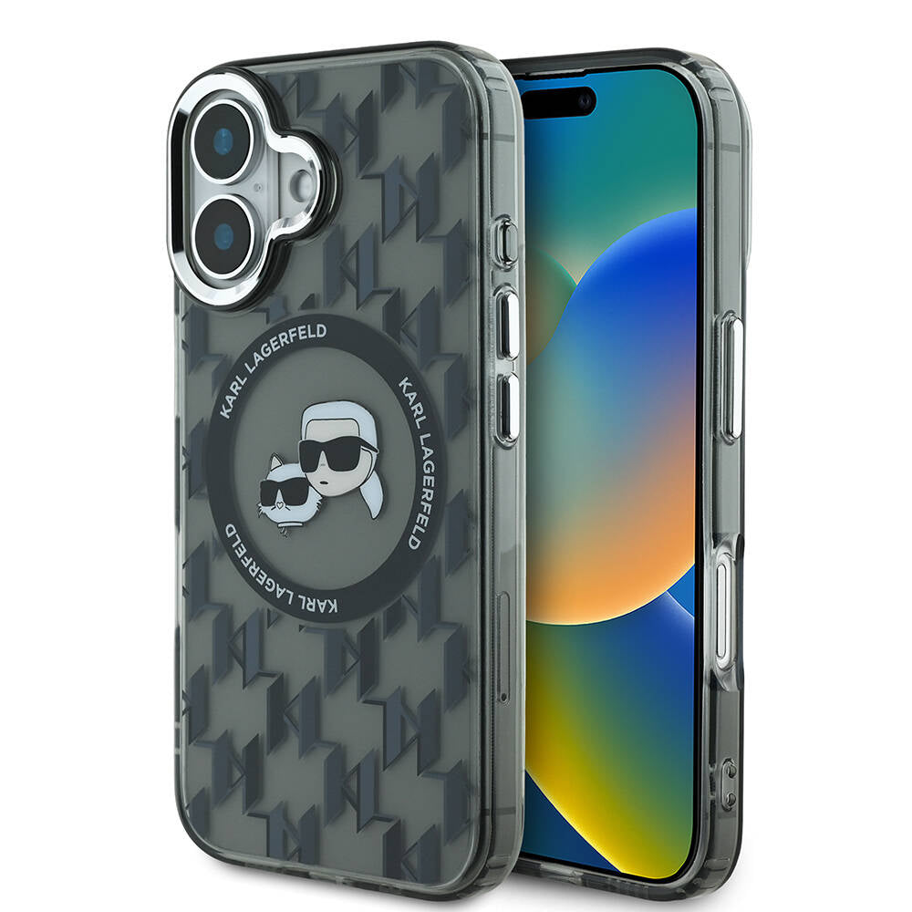 iPhone 16 Kılıf Karl Lagerfeld Orjinal Lisanslı M-safe Şarj Özellikli IML Baskılı Metal Monogram KC Heads Kapak