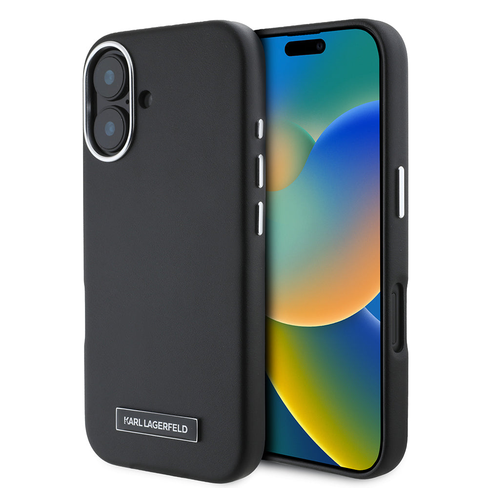 iPhone 16 Kılıf Karl Lagerfeld Orjinal Lisanslı M-safe Şarj Özellikli Metal Kamera ve Buton Tasarımlı Plaka Logolu PU Deri Kapak