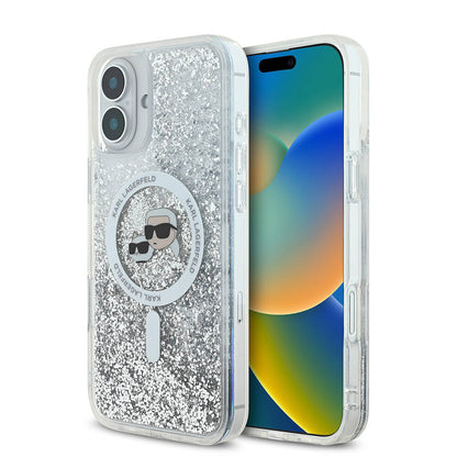 iPhone 16 Kılıf Karl Lagerfeld Orjinal Lisanslı M-safe Şarj Özellikli Sıvılı Simli K&C Heads Kapak