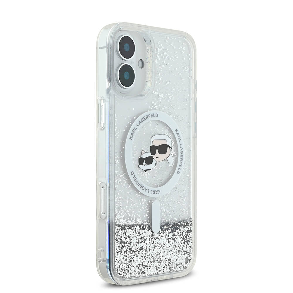 iPhone 16 Kılıf Karl Lagerfeld Orjinal Lisanslı M-safe Şarj Özellikli Sıvılı Simli K&C Heads Kapak