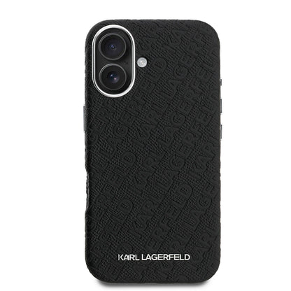 iPhone 16 Kılıf Karl Lagerfeld Orjinal Lisanslı PU Deri Damgalı Metal Yazı Logolu Kapak