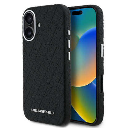 iPhone 16 Kılıf Karl Lagerfeld Orjinal Lisanslı PU Deri Damgalı Metal Yazı Logolu Kapak