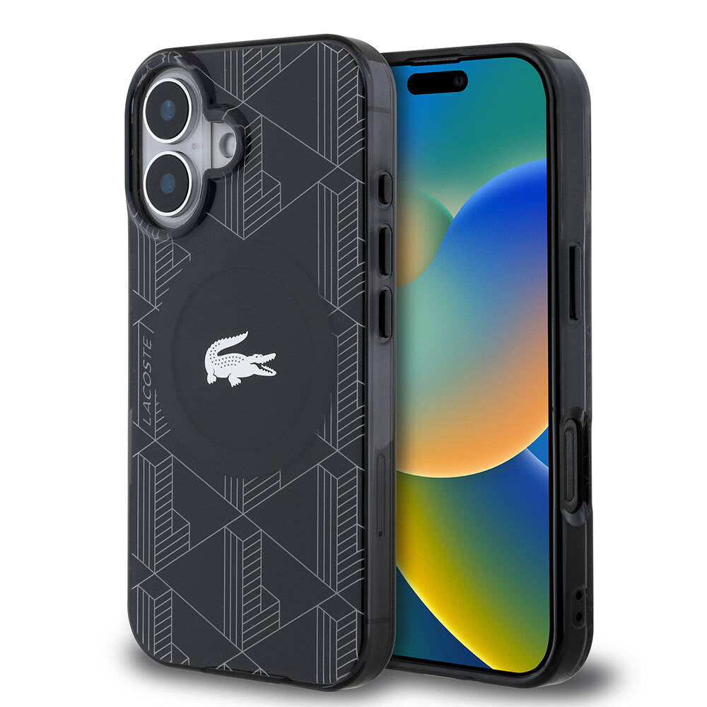 iPhone 16 Kılıf Lacoste Orjinal Lisanslı M-safe Şarj Özellikli IML Baskılı Gümüş Timsah Logolu Monogram Kapak