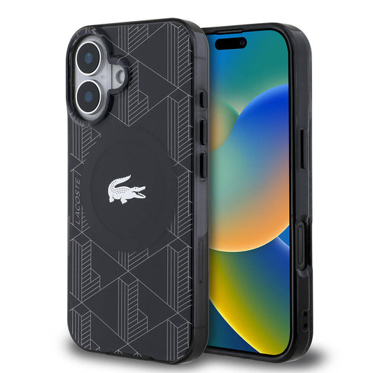 iPhone 16 Kılıf Lacoste Orjinal Lisanslı M-safe Şarj Özellikli IML Baskılı Gümüş Timsah Logolu Monogram Kapak
