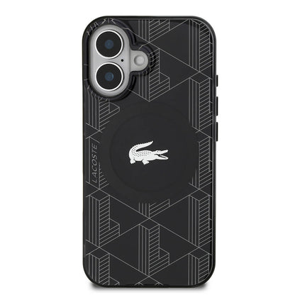 iPhone 16 Kılıf Lacoste Orjinal Lisanslı M-safe Şarj Özellikli IML Baskılı Gümüş Timsah Logolu Monogram Kapak