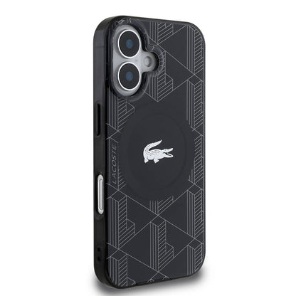 iPhone 16 Kılıf Lacoste Orjinal Lisanslı M-safe Şarj Özellikli IML Baskılı Gümüş Timsah Logolu Monogram Kapak