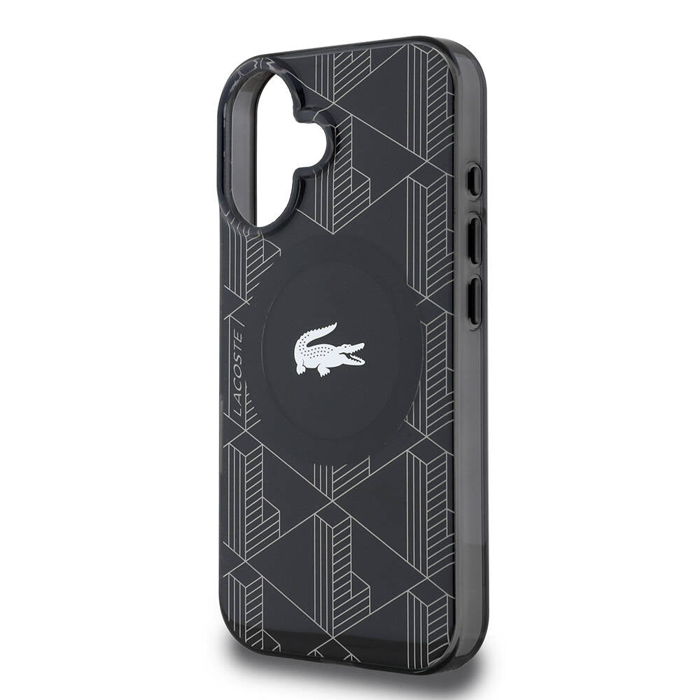 iPhone 16 Kılıf Lacoste Orjinal Lisanslı M-safe Şarj Özellikli IML Baskılı Gümüş Timsah Logolu Monogram Kapak