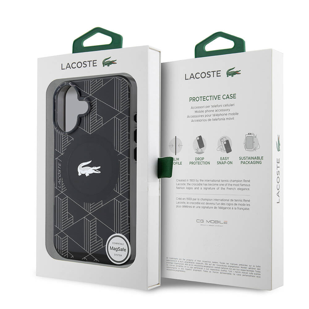 iPhone 16 Kılıf Lacoste Orjinal Lisanslı M-safe Şarj Özellikli IML Baskılı Gümüş Timsah Logolu Monogram Kapak