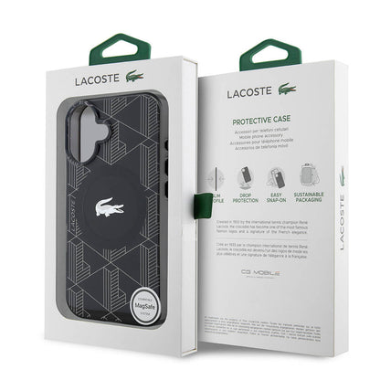 iPhone 16 Kılıf Lacoste Orjinal Lisanslı M-safe Şarj Özellikli IML Baskılı Gümüş Timsah Logolu Monogram Kapak