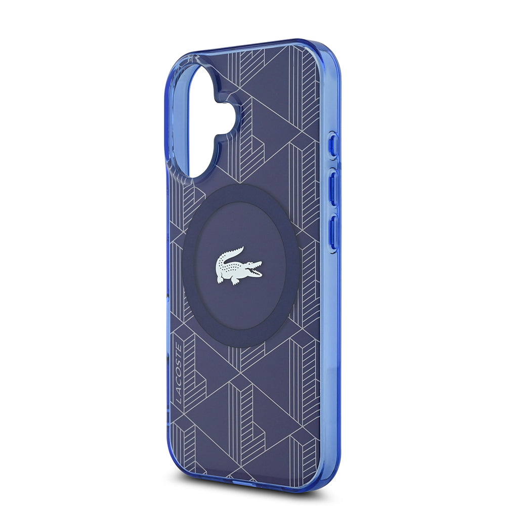 iPhone 16 Kılıf Lacoste Orjinal Lisanslı M-safe Şarj Özellikli IML Baskılı Gümüş Timsah Logolu Monogram Kapak