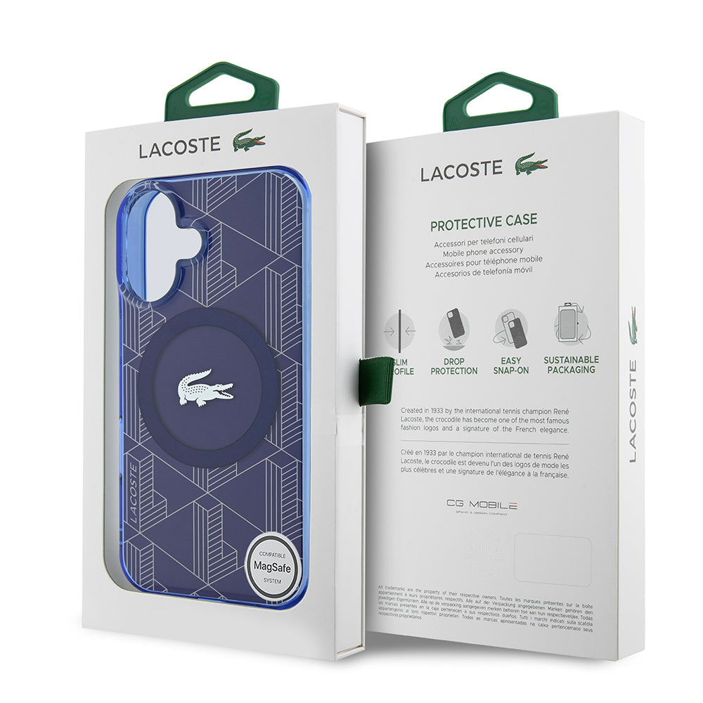 iPhone 16 Kılıf Lacoste Orjinal Lisanslı M-safe Şarj Özellikli IML Baskılı Gümüş Timsah Logolu Monogram Kapak