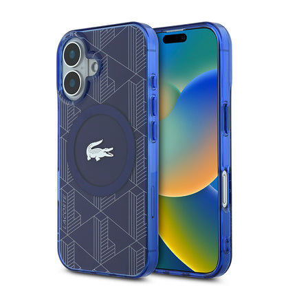 iPhone 16 Kılıf Lacoste Orjinal Lisanslı M-safe Şarj Özellikli IML Baskılı Gümüş Timsah Logolu Monogram Kapak