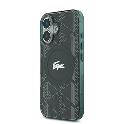 iPhone 16 Kılıf Lacoste Orjinal Lisanslı M-safe Şarj Özellikli IML Baskılı Gümüş Timsah Logolu Monogram Kapak