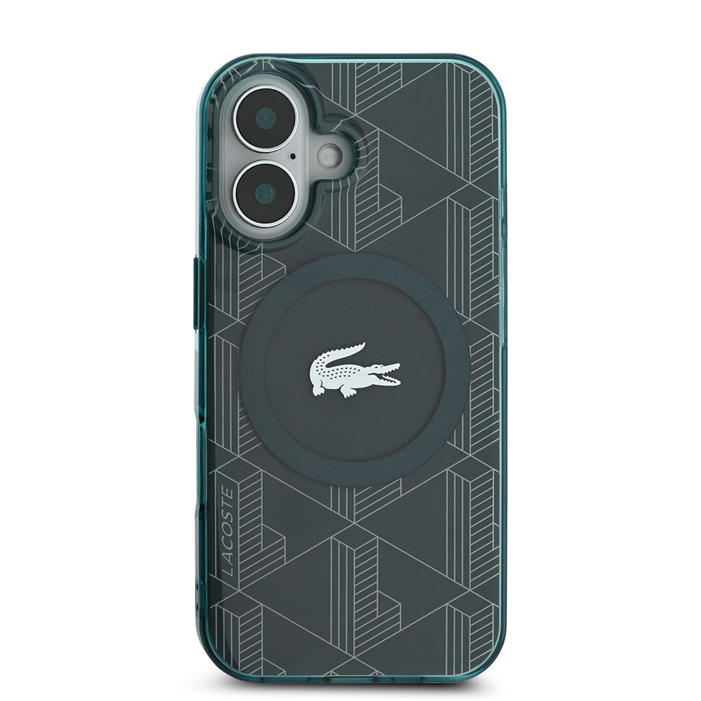 iPhone 16 Kılıf Lacoste Orjinal Lisanslı M-safe Şarj Özellikli IML Baskılı Gümüş Timsah Logolu Monogram Kapak