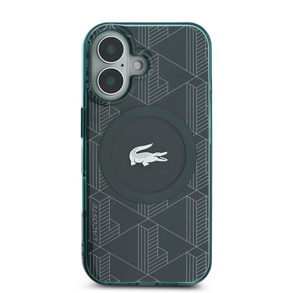 iPhone 16 Kılıf Lacoste Orjinal Lisanslı M-safe Şarj Özellikli IML Baskılı Gümüş Timsah Logolu Monogram Kapak