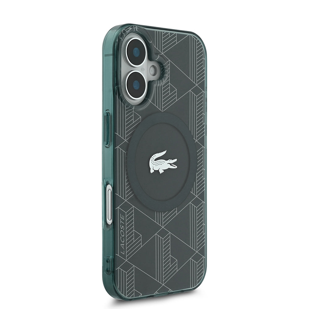 iPhone 16 Kılıf Lacoste Orjinal Lisanslı M-safe Şarj Özellikli IML Baskılı Gümüş Timsah Logolu Monogram Kapak