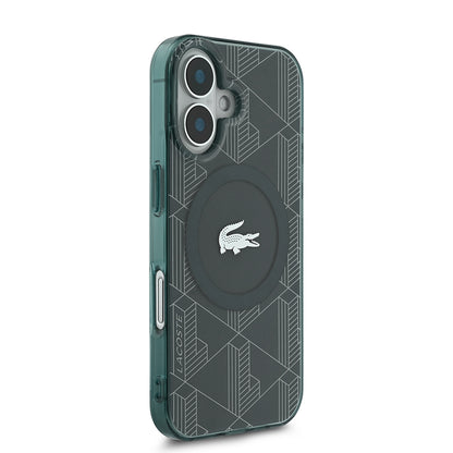 iPhone 16 Kılıf Lacoste Orjinal Lisanslı M-safe Şarj Özellikli IML Baskılı Gümüş Timsah Logolu Monogram Kapak