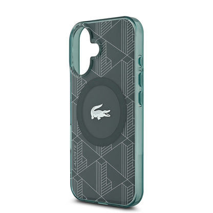 iPhone 16 Kılıf Lacoste Orjinal Lisanslı M-safe Şarj Özellikli IML Baskılı Gümüş Timsah Logolu Monogram Kapak