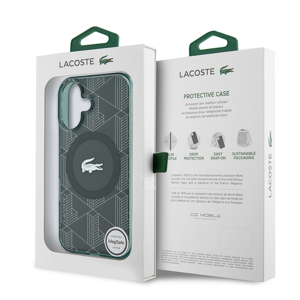 iPhone 16 Kılıf Lacoste Orjinal Lisanslı M-safe Şarj Özellikli IML Baskılı Gümüş Timsah Logolu Monogram Kapak