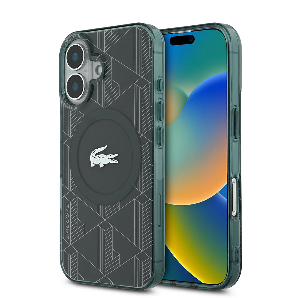 iPhone 16 Kılıf Lacoste Orjinal Lisanslı M-safe Şarj Özellikli IML Baskılı Gümüş Timsah Logolu Monogram Kapak