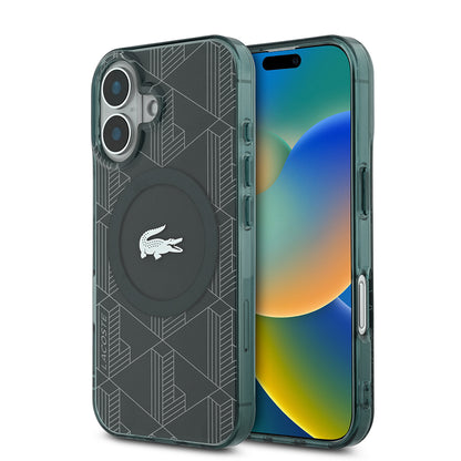 iPhone 16 Kılıf Lacoste Orjinal Lisanslı M-safe Şarj Özellikli IML Baskılı Gümüş Timsah Logolu Monogram Kapak