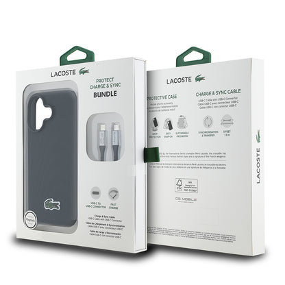 iPhone 16 Kılıf Lacoste Orjinal Lisanslı PU Pike Desenli Arka Yüzey İkonik Timsah Dokuma Logolu Kapak + Type-C Kablo 1.5m