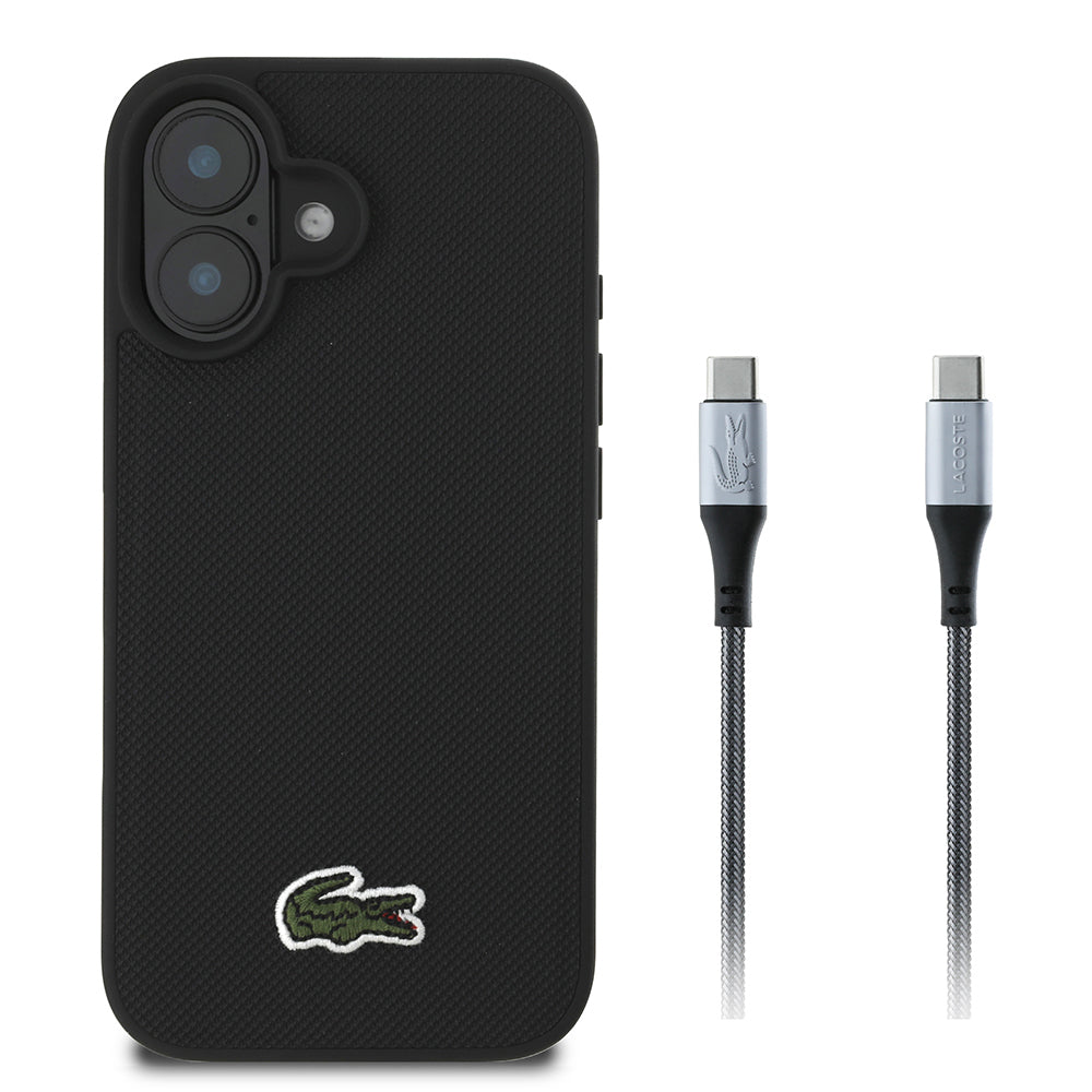 iPhone 16 Kılıf Lacoste Orjinal Lisanslı PU Pike Desenli Arka Yüzey İkonik Timsah Dokuma Logolu Kapak + Type-C Kablo 1.5m