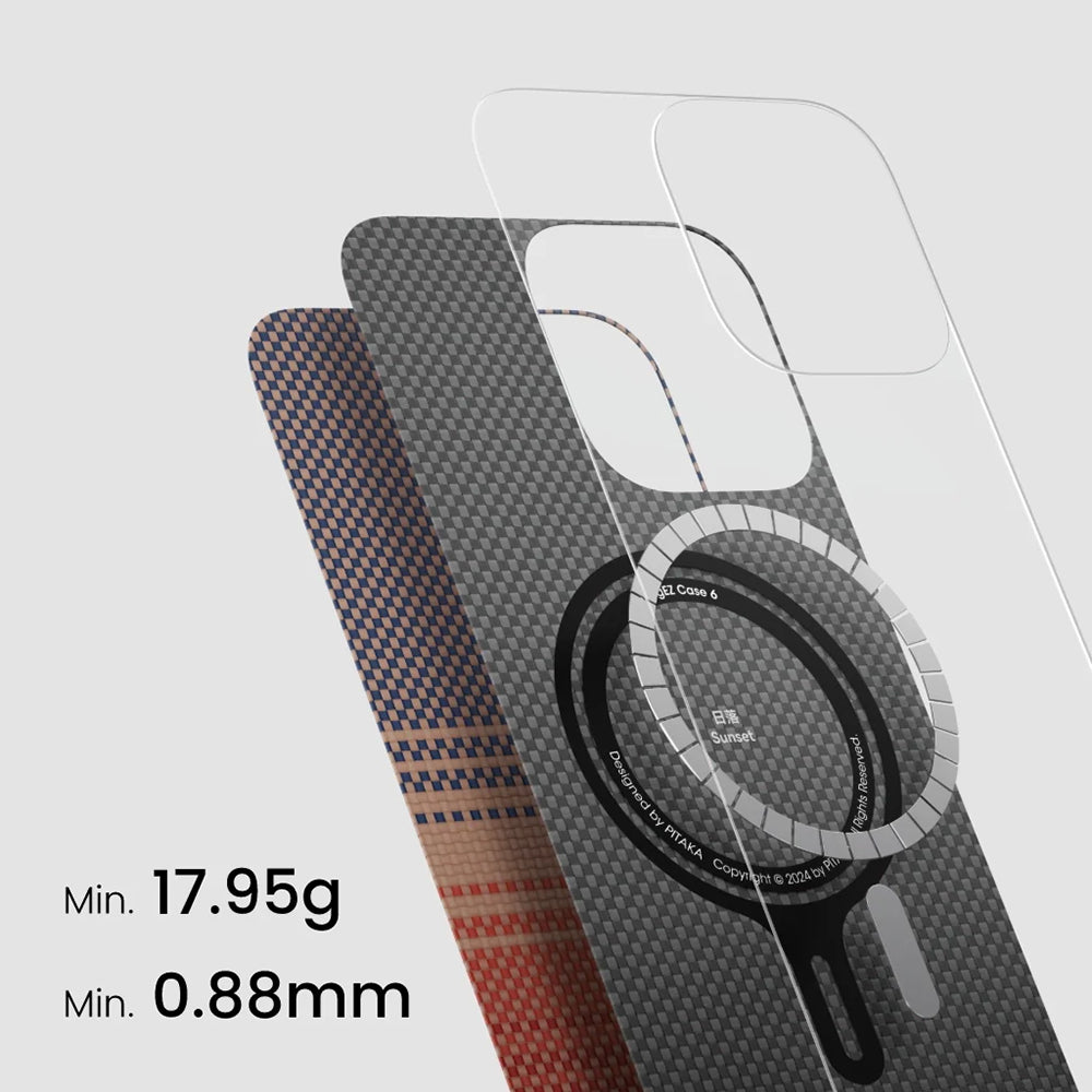 iPhone 16 Kılıf M-safe Şarj Özellikli Aramid Fiber Pitaka Tactile Woven Sunset-Moonrise Serisi Sunset Kapak