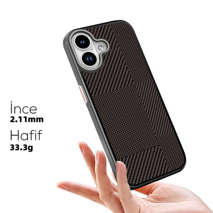 iPhone 16 Kılıf M-safe Şarj Özellikli Karbon Fiber Desenli Mutural Montage Kapak