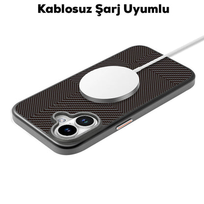 iPhone 16 Kılıf M-safe Şarj Özellikli Karbon Fiber Desenli Mutural Montage Kapak